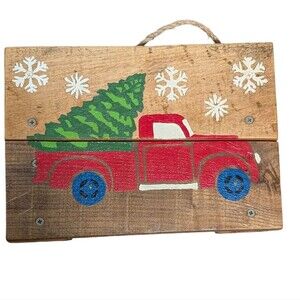 Wooden plank hand painted signed Christmas Tree Truck rustic Primitive hanging